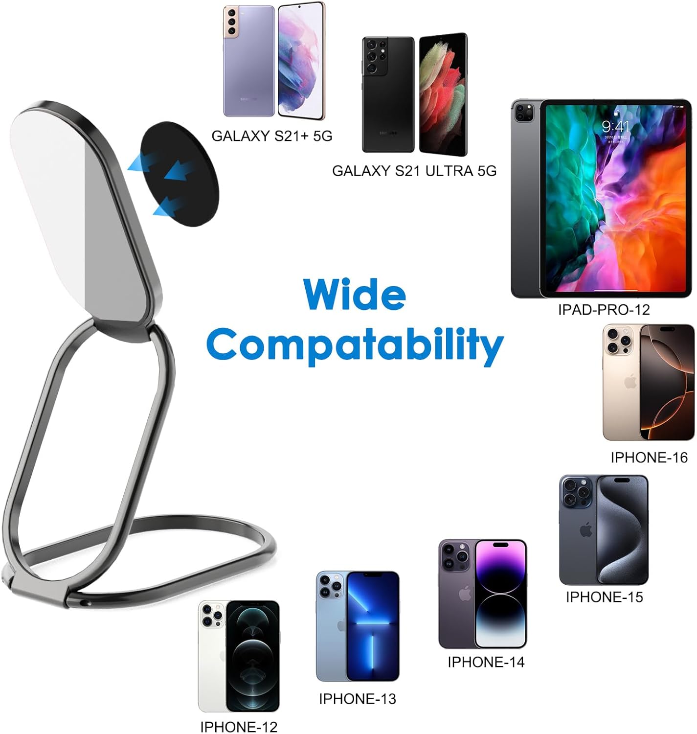 Phone Ring Holder Finger Kickstand, 360° Rotation Cell Phone Ring Holder Stand Metal Phone Back Grip for Magnetic Car Mount Foldable Cell Phone Stand Compatible with Most Smartphones