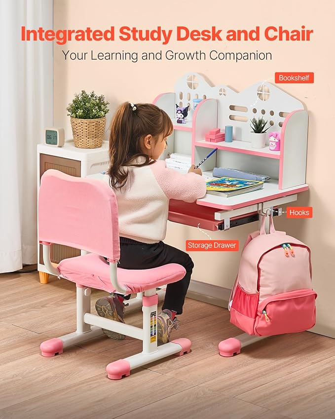 VEVOR Kids Study Chair and Desk Set, Study Desk and Chair for Kids with Bookshelf and Storage Drawer, Adjustable Height Kids Study Desk with Chair, Children Study Table for Bedroom & Study Room, Pink