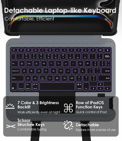 Nillkin Carry Go Keyboard Case for iPad Pro 11 inch (M4) 2024 with Handle, Rugged Case with Detachable Keyboard for iPad Pro 11, Magic Trackpad, 7 Colors Backlit, Camera Cover, Black