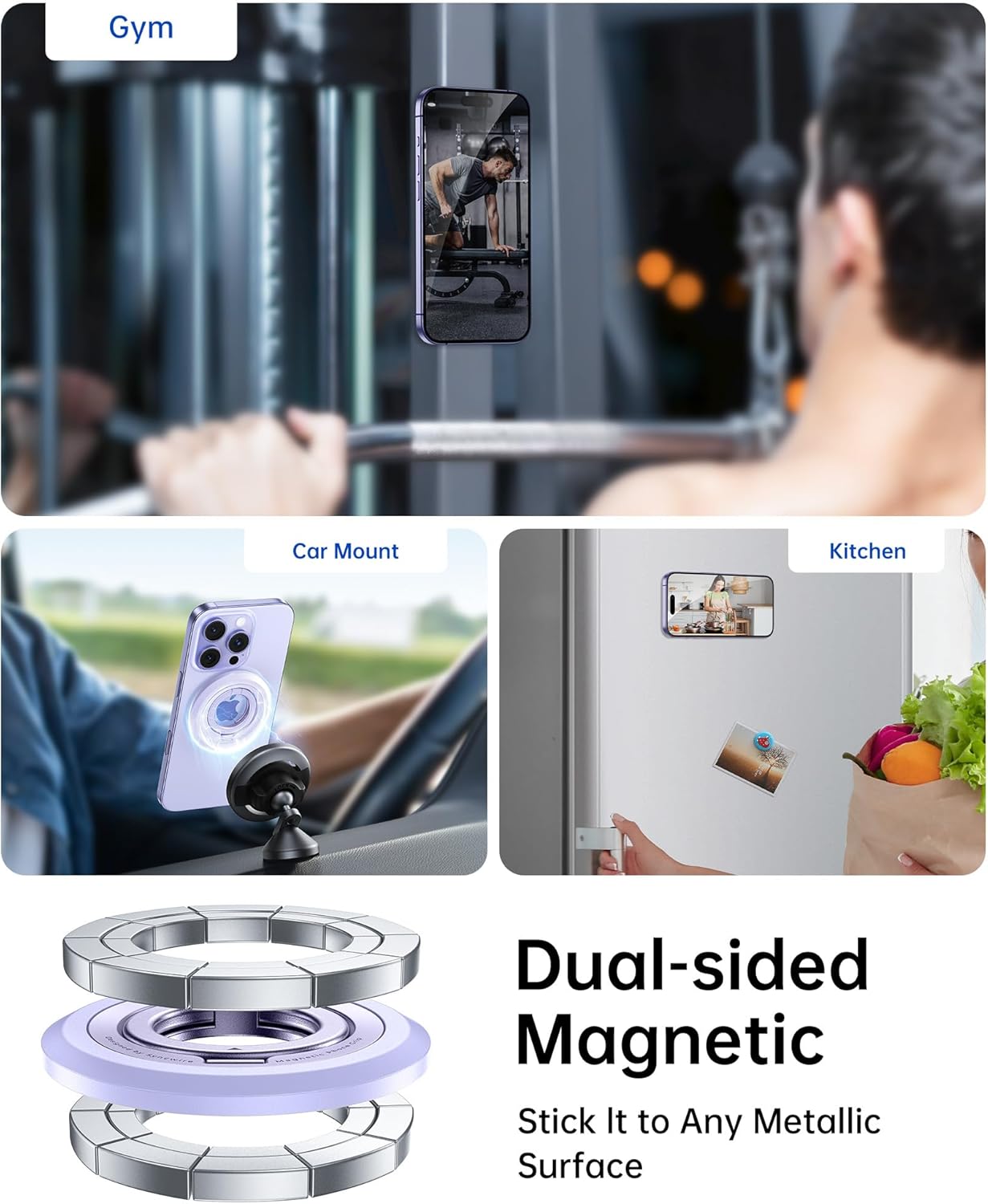 SYNCWIRE Magnetic Phone Ring Holder for MagSafe, 360° Rotation Dual Sided Magnet Grip Cell Phone Ring Stand Finger Kickstand Compatible with iPhone 16 15 14 13 12 Pro Max fits MagSafe - Purple