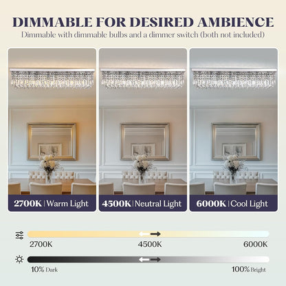 Modern Crystal Chandelier, 8-Lights Rectangle Chandelier Rectangular Flush Mount Pendant Ceiling Light Fixture K9 Crystal Raindrop Chandeliers for Dining Living Room Kitchen Island 𝐋𝟒𝟎 𝐈𝐧𝐜𝐡