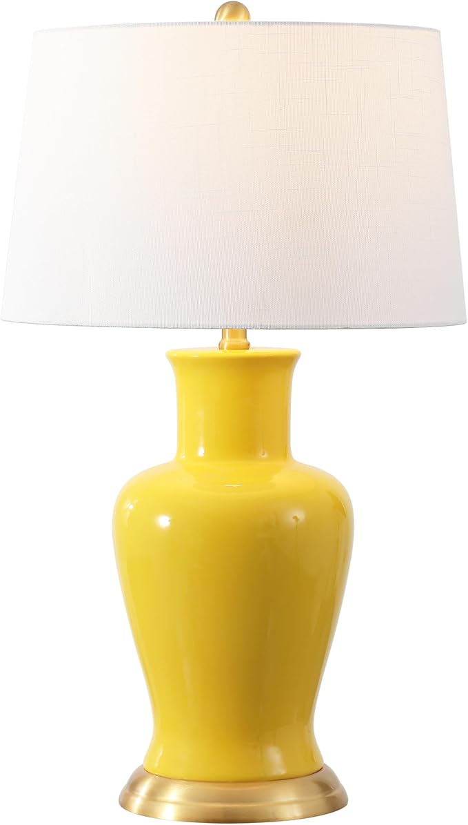 JONATHAN Y 29" Yellow Traditional Ceramic Urn LED Table Lamp for Bedroom Decor, White Linen Drum Shade, Classic Nightstand Lamp for Living Room, LED Bulb Included (JYL4026H)