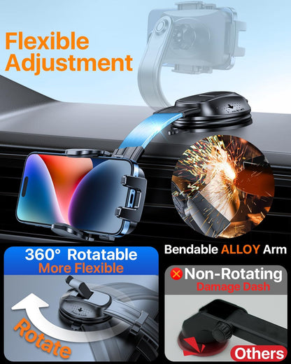 HTU Upgraded Strongest Suction Car Phone Holder Bendable Arm, Never Block View Rotatable Cellphone Mount for Dashboard Windshield Vent, Cradle Stand for iPhone 16 15 14 13 12 Pro Max (Dark Pink)