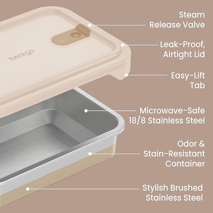 Bentgo MicroSteel Heat & Eat Container – Microwave-Safe, Leak-Proof & Airtight, Easy-to-Clean Lightweight Stainless Steel Reusable Food Storage with Silicone Lid (Dinner Size; 5.5-Cup Capacity; Gold)