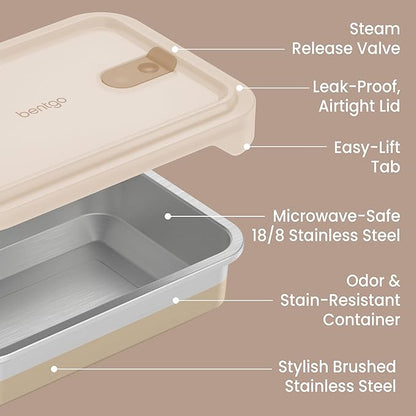 Bentgo MicroSteel Heat & Eat Container – Microwave-Safe, Leak-Proof & Airtight, Easy-to-Clean Lightweight Stainless Steel Reusable Food Storage with Silicone Lid (Dinner Size; 5.5-Cup Capacity; Gold)