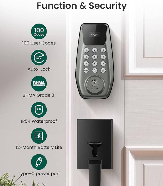 DESLOC C100 Keyless Entry Door Lock with Keypad, Smart Deadbolt Lock for Front Door with 2 Keys, Auto Lock, Easy Installation, 100 PIN Codes, IP54 Waterproof, BHMA Grade 3, Nickel