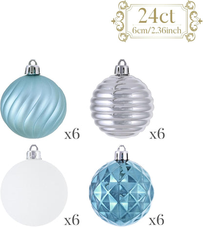 Valery Madelyn Christmas Ornaments Tree Decorations Set for Fall Halloween, 24ct Light Blue Silver Shatterproof Ball Ornaments, 2.36" Hanging Ornament Bulk for Xmas Holiday Party Decor