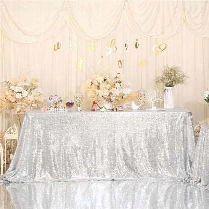 SquarePie Sequin Tablecloth 90 x 156 Inch Silver Sparkly Table Linen for Wedding Party