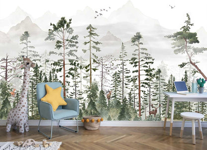Animals Forests Birds Nature Landscapes Wall Mural, Hazy Mountains Wallpaper for Interior Background Wall Decoration（Not Peel and Stick）