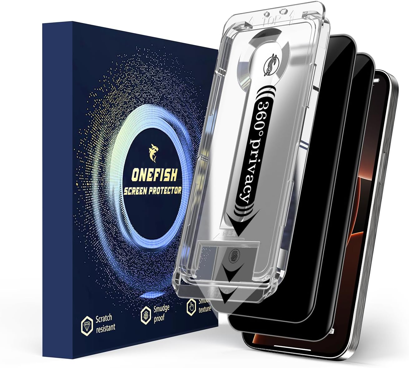 OneFish 2 Pack Privacy Screen Protector for iPhone 14 Pro - 4-Way 360° Anti-Spy Tempered Glass, 9H Hardness, 3D Curved Edges, Case-Friendly & Easy Installation