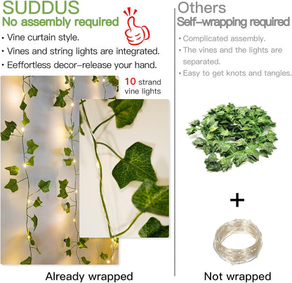 suddus Vines with Light for Bedroom, 200 LED Fairy Lights with Vines, Ivy Curtain Lights for Dorm, Wedding, Party, Wall, Indoor, Outdoor Decor, 6.5ft x 6.5ft