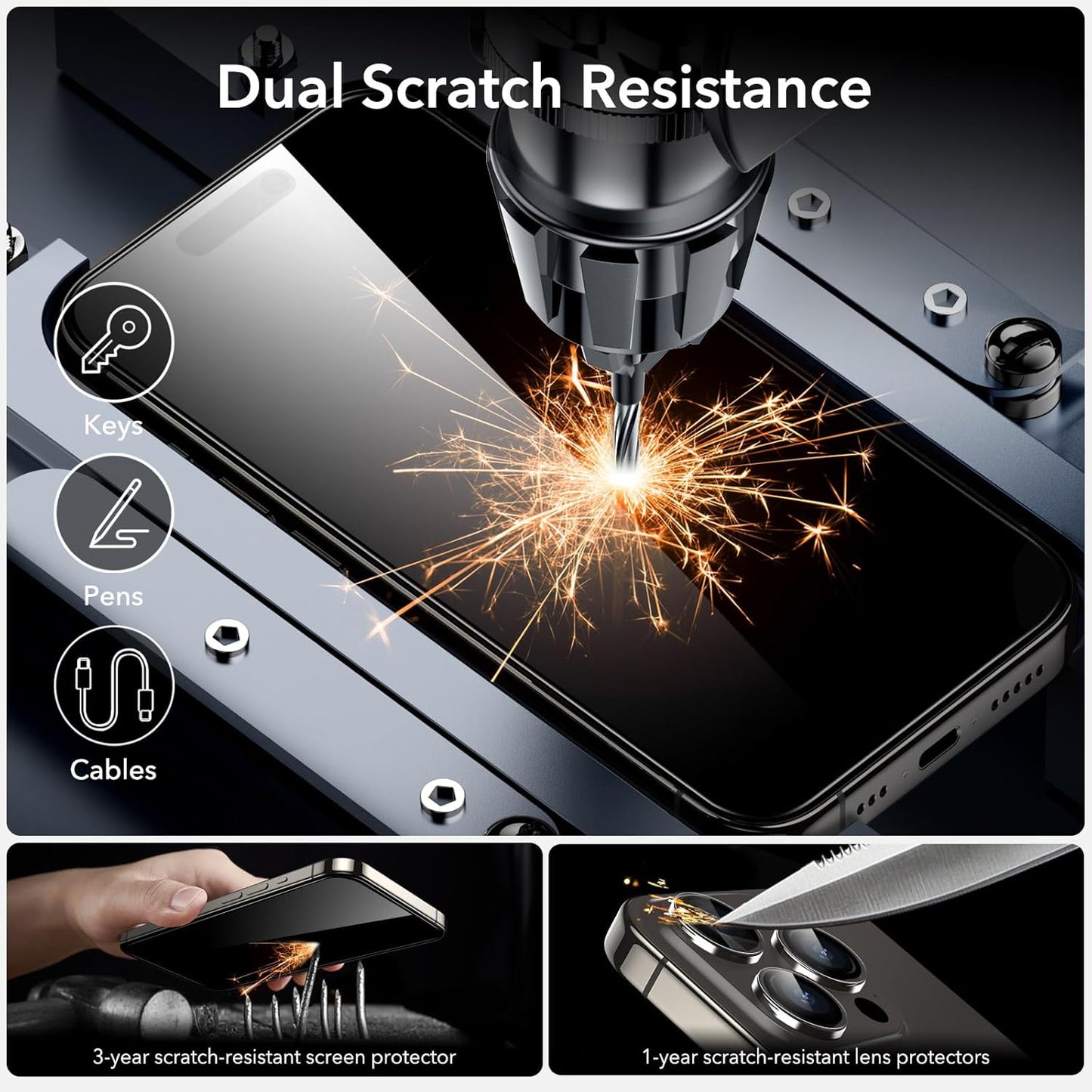ESR 3+2 Pack for iPhone 15 Pro Screen Protector, [9H Hardness] [Military Grade Shatterproof] Full Coverage Ultra-tough Tempered Glass Film with Easy Installation Frame, 2 Set of Camera Lens Protector