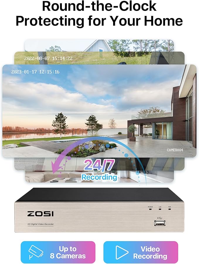ZOSI 8CH 3K Lite Security Camera System Outdoor with 2TB Hard Drive, AI Human/Vehicle Detection, Night Vision, 8Channel CCTV Home DVR and 8pcs 1080P HD Weatherproof Surveillance Cameras