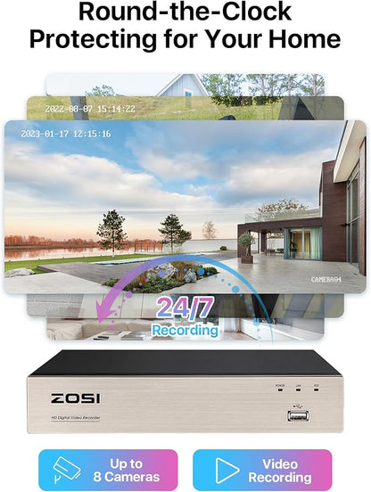 ZOSI 8CH 3K Lite Security Camera System Outdoor with 2TB Hard Drive, AI Human/Vehicle Detection, Night Vision, 8Channel CCTV Home DVR and 8pcs 1080P HD Weatherproof Surveillance Cameras