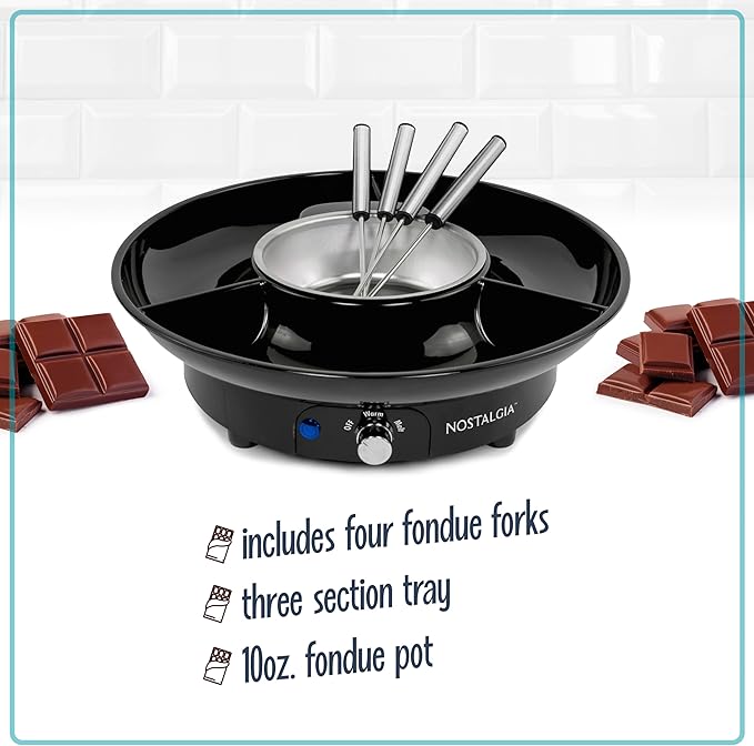 Nostalgia Electric Fondue Party Set for Chocolate and Cheese Fondue – 10 Oz Pot, 4 Roasting Forks, and 3-Section Tray – Temperature Control – Gifts, Parties, Date Night, and Dessert – Black