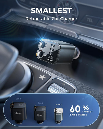 SUPERONE 6 in 1 Retractable Car Charger with Dual Type C Cables, 99W Ultra-Compact USB C Car Accessories Adapter with 4 USB Ports, Fast Charging Car Charger for iPhone 16/15/14/13/12, Galaxy, iPad