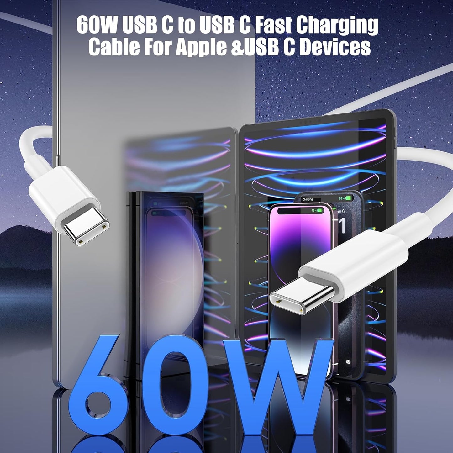 3-Pack [6.6FT+10FT+10FT] 60W USB C to USB C Cable, Type C to Type C Cable,Fast Charging Cable for iPhone 16 15 Pro Plus Pro Max，for Galaxy S24 S23 S22, for iPad Pro/Air, for MacBook Pro/Air and More