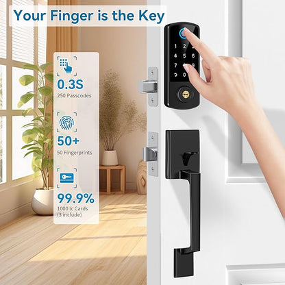 Keyless Entry Door Deadbolt with Handle Set, BEBASIA Fingerprint APP Smart Door Lock, Digital Keypad Bluetooth Deadbolt Lockset with Auto Lock Code Fob Black