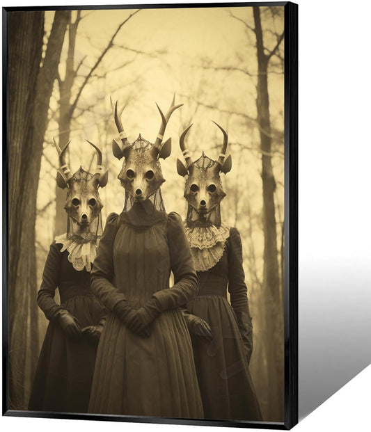 Vintage Horror Skeleton Spooky Three Skull In Occult Forest Posters Canvas Wall Art Poster Gothic Dark Academia Decor Creepy Print Retro Halloween Wall Decor 16X24inch Aluminum Framed