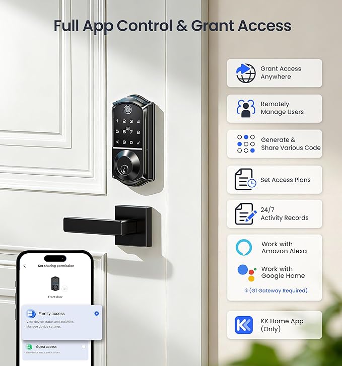 Veise VE017 Fingerprint Smart Door Lock, App Control, 8-in-1 Keyless Entry, Auto Lock, Emergency Power Port, Electronic Touchscreen Keypad, Biometric Smart Locks for Front Door, Matte Black