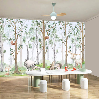 WFBHUA-Kids Wallpaper Watercolor Forest Cartoon Animals Wall Murals Suitable for Nursery Boys Girls Bedroom Room (Not Peel and Stick)