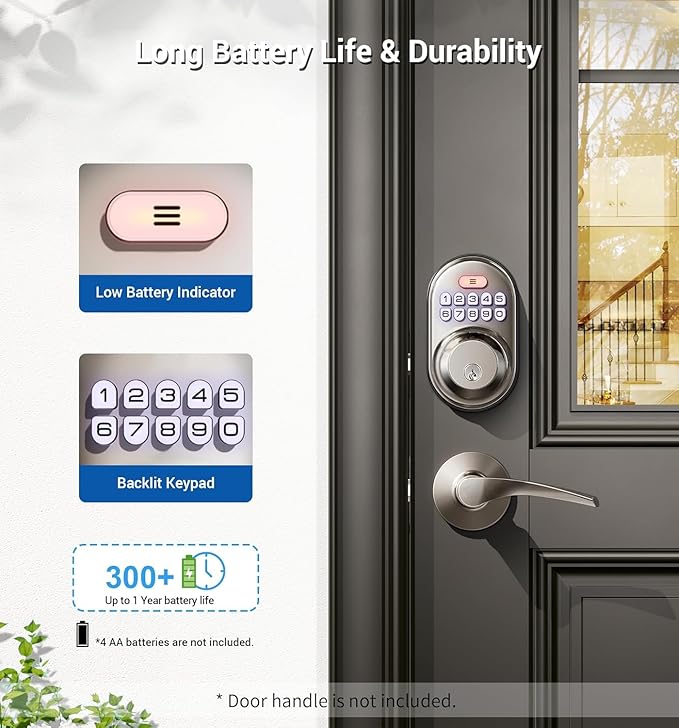 Veise Keyless Entry Door Lock, Electronic Keypad Deadbolt, Keyed Entry, Auto Lock, Anti-Peeking Password, Back Lit & Easy Installation Design, Satin Nickel