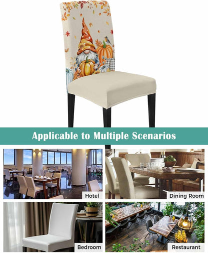 4 Pcs Dining Chair Covers Stretch Spandex Slipcovers Farm Thanksgiving Gnome Pumpkin Removable Washable Dining Room Seat Cover Cushion Protector for Home Hotel Banquet Decor Fall Maple Leaves Linen