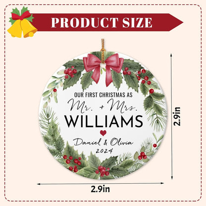 Personalized First Christmas Married Ornament 2025 Custom Mr and Mrs Wedding Christmas Ornaments with Name Date for Couples,Double-Sided Ceramic Customized Engagement Ornament