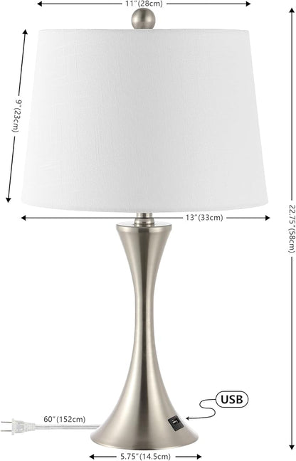 JONATHAN Y 22.75" Nickel Modern Hourglass LED Table Lamp Set of 2 with USB Port, Metal Bedside Lamps for Living Room Bedroom, White Linen Shade (JYL6621B-SET2)