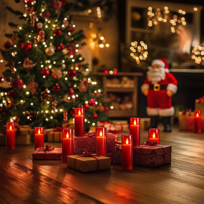 Amagic Christmas Red Flameless Candles, Battery Operated Candles with Remote and Timer, Acrylic Flickering LED Candles for Thanksgiving Decor, D2.2''xH5''6" 7", Set of 9