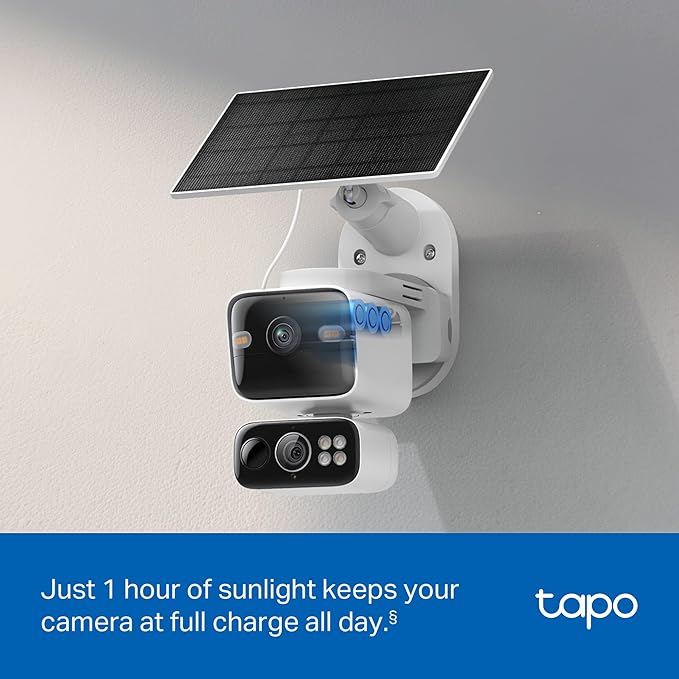 Tapo 2K Dual Lens Pan/Tilt Security Battery Camera Wireless w/Solar Panel, 165° Wide-Angle + 6mm Telephoto, Free Person/Vehicle Detection, 360° Pan, SD/Cloud Storage, Works w/Alexa & Google, C645D KIT