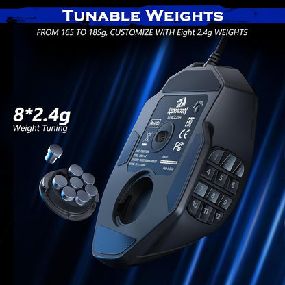 Redragon Gaming Mouse, MMO Mouse Gaming UP 12400 DPI, 19 Macro Programmable Buttons, RGB Mouse with 12 Side Buttons, 8 * 2.4g Weight Tuning for PC Laptop MOBA FPS, M901K, Black