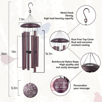 ASTARIN 36" Deep Tone Personalized Wind Chime Memorial, Tree of Life Custom Sympathy Gifts for Loss of Mom/Dad, Bird Remembrance Wind Chimes for Grieving Funeral Condolences(Produced in USA)