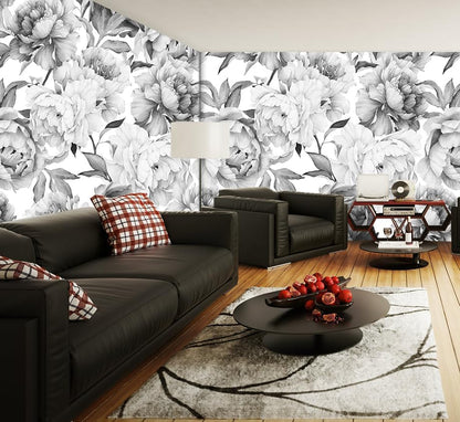 Gray Peonies Wallpaper Watercolor Floral Mural Wallpaper for Nursery(Not Peel n' Stick)