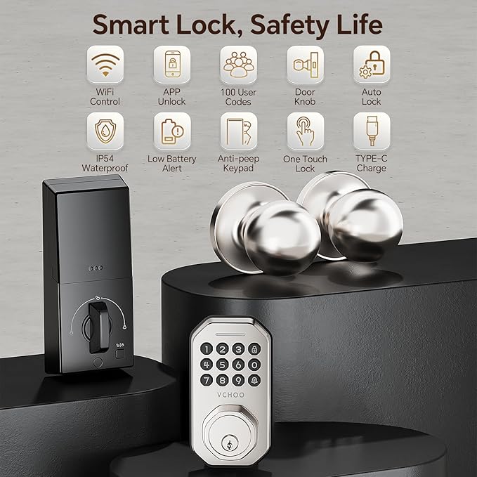 Keyless Entry Door Lock Set WiFi Smart App Control Door Lock for Front Door Keypad Deadbolt with 2 Knobs Auto Lock One Time Codes Easy Install, Satin Nickel