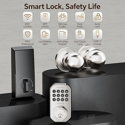 Keyless Entry Door Lock Set WiFi Smart App Control Door Lock for Front Door Keypad Deadbolt with 2 Knobs Auto Lock One Time Codes Easy Install, Satin Nickel