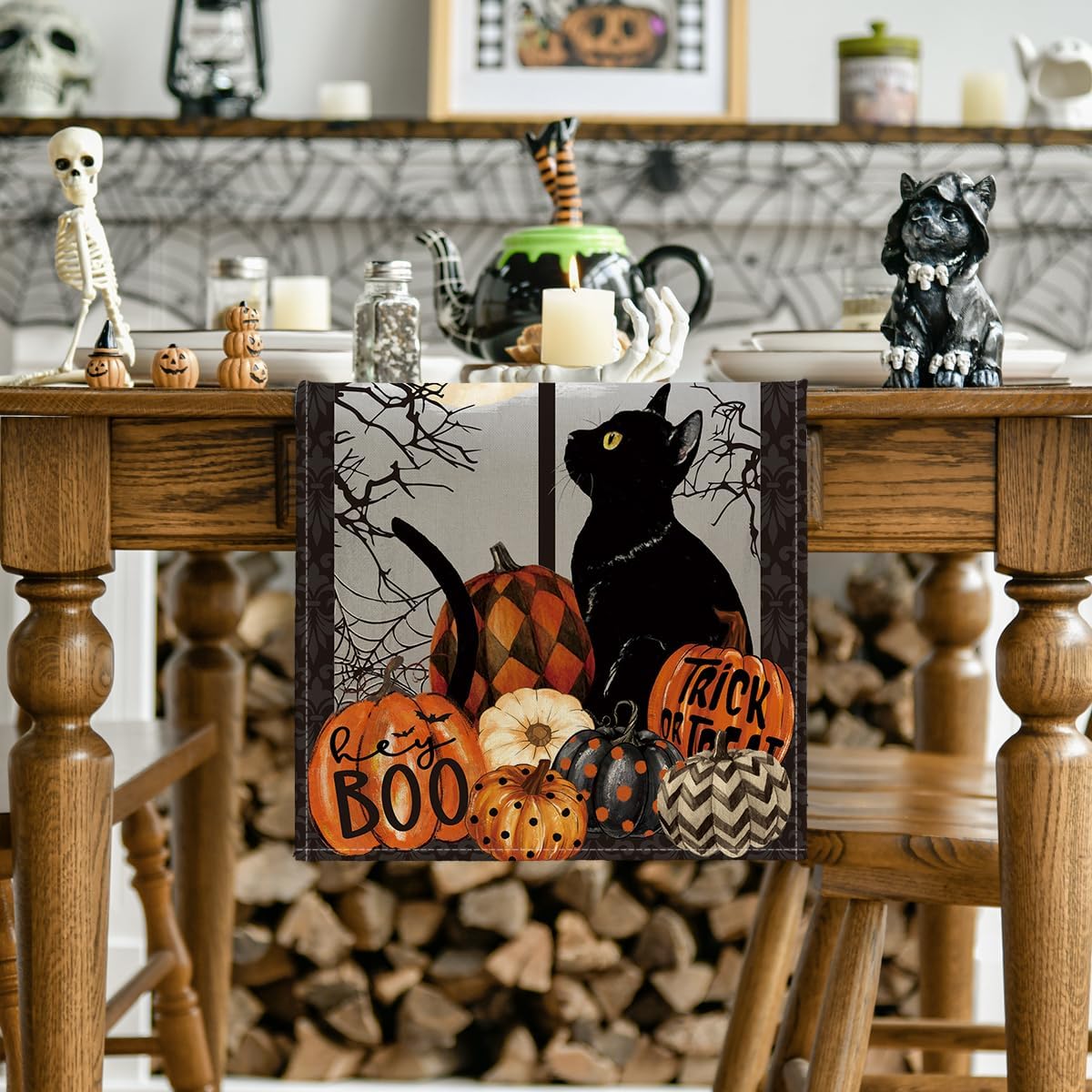 Artoid Mode Black Cat Pumpkins Boo Halloween Table Runner, Trick Or Treat Seasonal Kitchen Dining Table Decoration for Home Party Decor 13x60 Inch