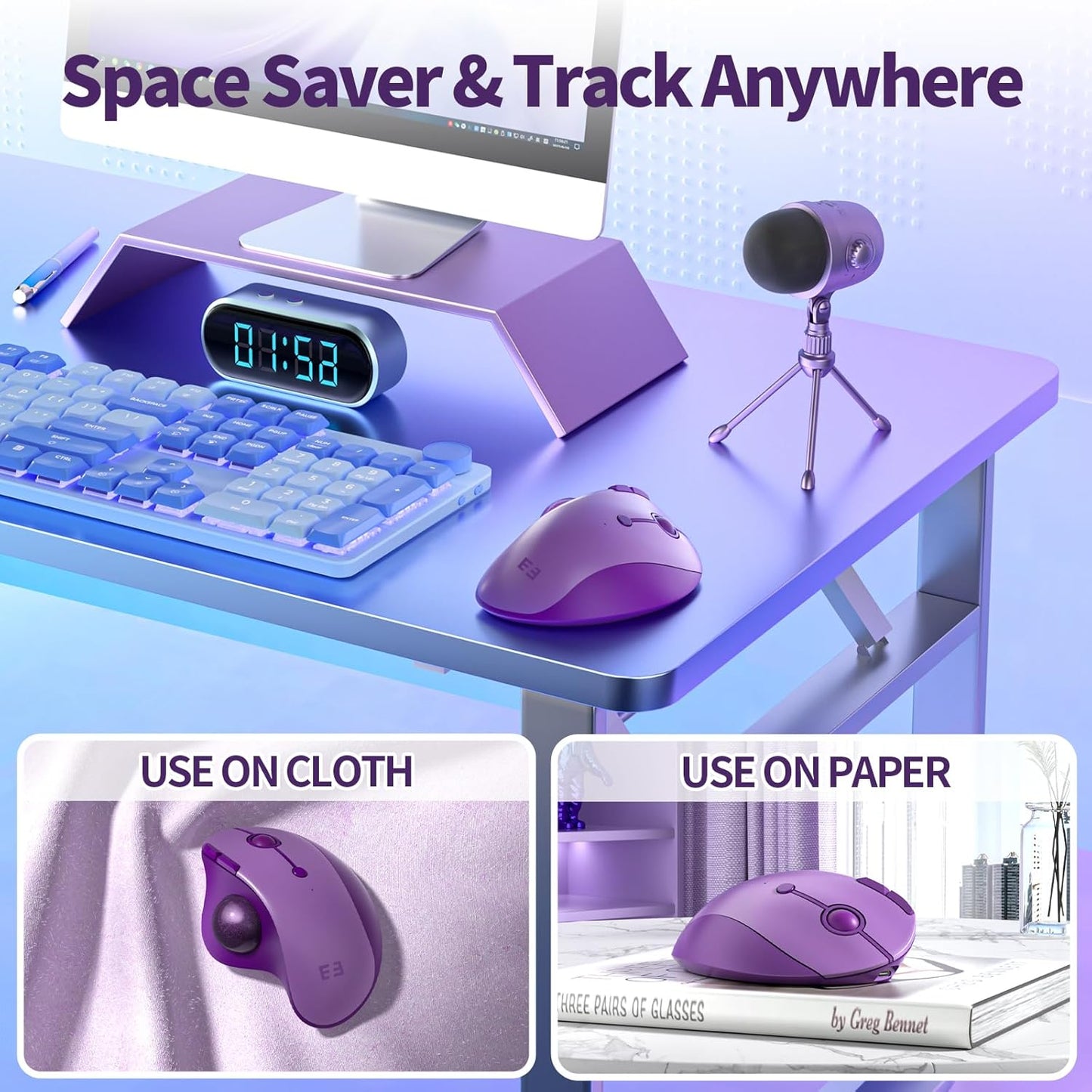 seenda Wireless Trackball Mouse, Bluetooth Rollerball Thumb Control Mice Ergonomic, Rechargeable, Multi Devices Connection Compatible for Mac/Android/Windows Computers - Purple