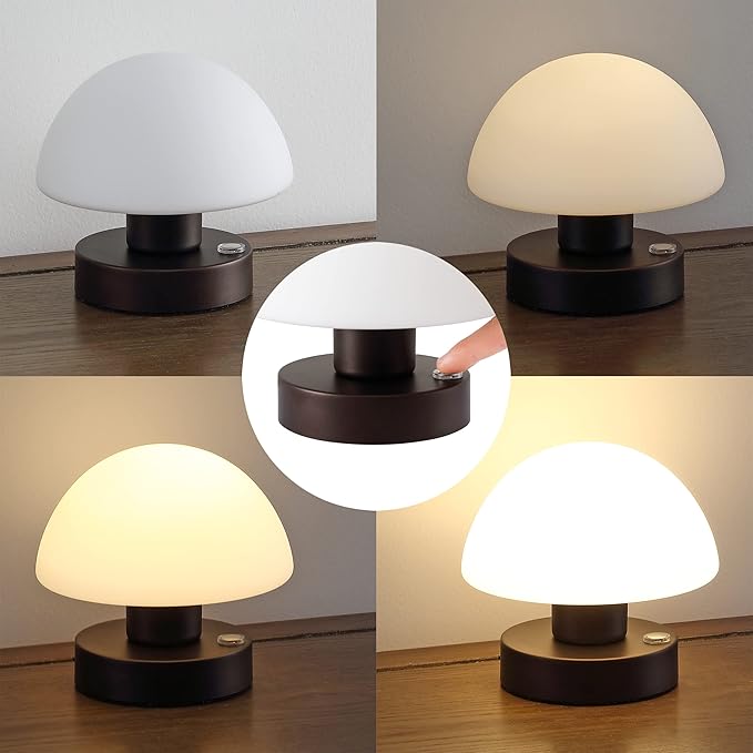 JONATHAN Y 5.75" Oil Rubbed Bronze Rechargeable Portable LED Table Lamp, Cordless Mushroom Accent Light for Bar, Nightstand, with Frosted White Glass Shade JYL7113A
