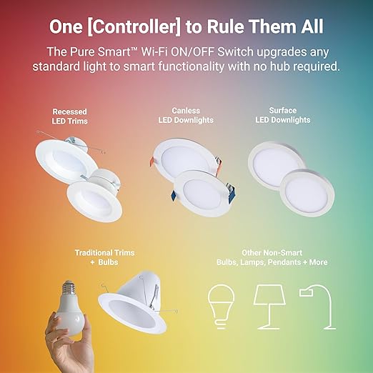 HALO Pure Smart Wi-Fi On/Off Switch for Traditional Non-Smart Lighting, Connected by WiZ Pro, Hardwired 120V - SWW-SWT-WH