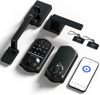 Veise VE017-D Smart Fingerprint Front Door Lock Set, App Control, 8-in-1 Keyless Entry Deadbolt with Lever Handle, Touchscreen Keypad, IP55 Weatherproof, Auto Lock, Easy Install, Matte Black