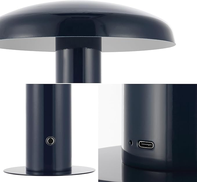 JONATHAN Y 11" Navy Rechargeable LED Mushroom Table Lamp, Cordless Portable Dimmable Mid-Century Modern Accent Lamp, with Metal Shade, Touch Sensor (JYL7114F)