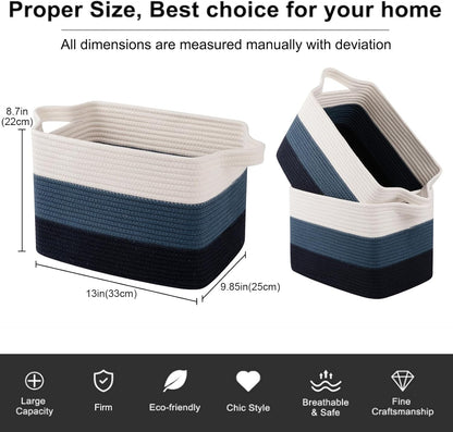 OIAHOMY Storage Basket, Woven Baskets for Storage, Cotton Rope Basket for toys,Towel Baskets for Bathroom - Pack of 3, Gradient Blue