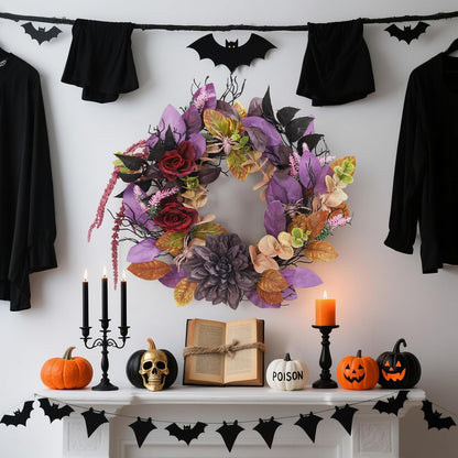 GarveeHome 18 Inch Halloween Wreath, Halloween Garland with Artificial Roses & Spiders, Indoor Outdoor Holiday Accent Decoration for Front Door Porch Wall Home Party Window, Red & Purple