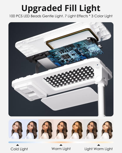 Phone Stand for Recording, Overhead Phone Mount with Light, Selfie Stand,Portable,Extendable,360° Rotate,Adjustable,Wireless Remote,Rechargeable, for 3.5-6.9" Phones, Live Streaming, White