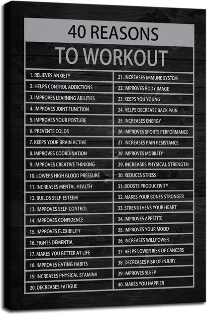 Inspirational Canvas Wall Art Painting Quote Office Wall Decor Pieces Success 40 Reasons to Workout Poster Positive Motivational Framed Artwork Prints Picture for Living Room School[12" W X 18" H]