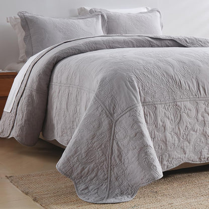 Cotton Bedspread Quilt Sets, Real Patchwork Bedding Sets with Luxury Floral Paisley Pattern, 3 Pieces Reversible Soft Lightweight Coverlet for All Season, Grey, Queen Size