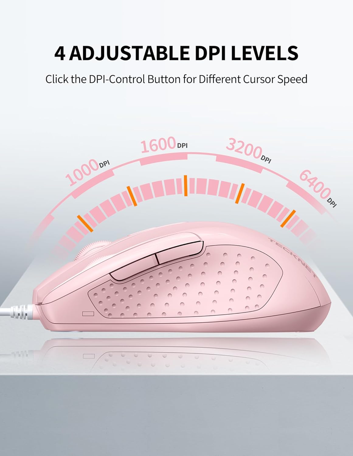 TECKNET Wired Mouse, 6-Button Corded with 4 Adjustable DPI, Optical Ergonomic Design, 5FT Cord for Laptop, Chromebook, PC, Desktop, Mac, Notebook - Pink