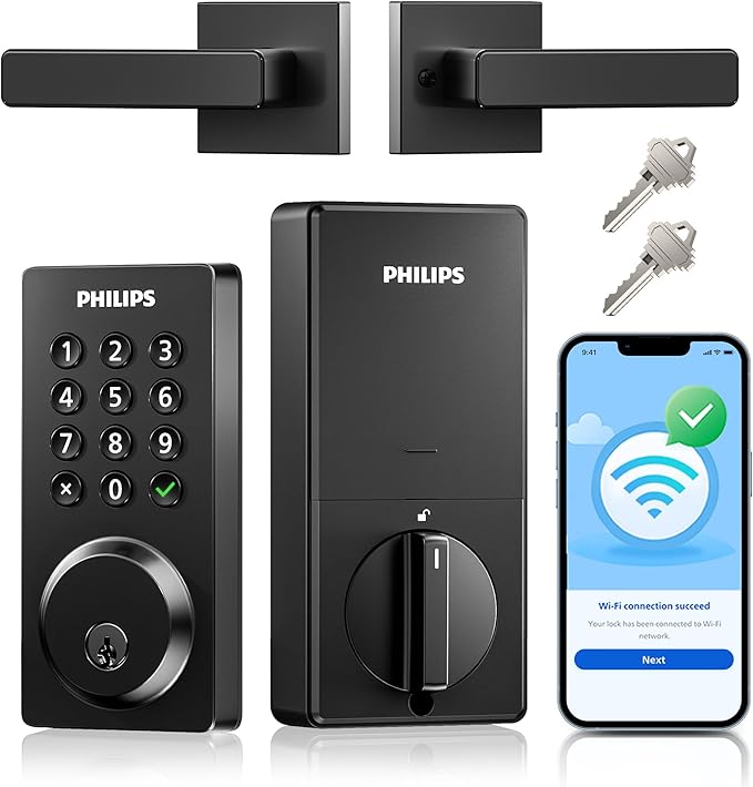 Philips WiFi Smart Door Lock with Handle, Built-in WiFi App Remote Control, Keyless Entry Door Locks for Front Door, Smart Deadbolt Auto Lock, Support Alexa & Google, IP54 Waterproof, Matte Black