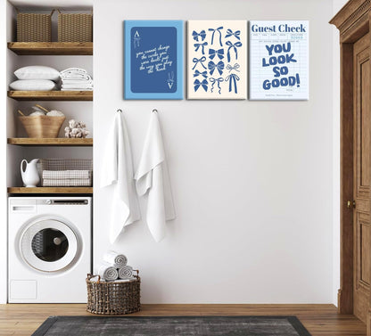 Blue Preppy Wall Art Framed Set of 3 Trendy Navy Bow Posters Retro Guest Check Canvas Prints Poker Painting Minimalist Positive Quote Picture Room Decor Aesthetic for Living Room Dorm Apartment16x24in